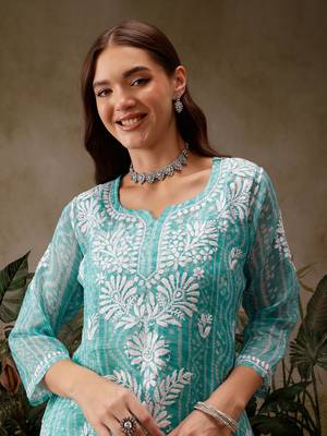 Hand embroidered bandhani printed turquoise kota lucknowi chikankari short kurti with slip 6