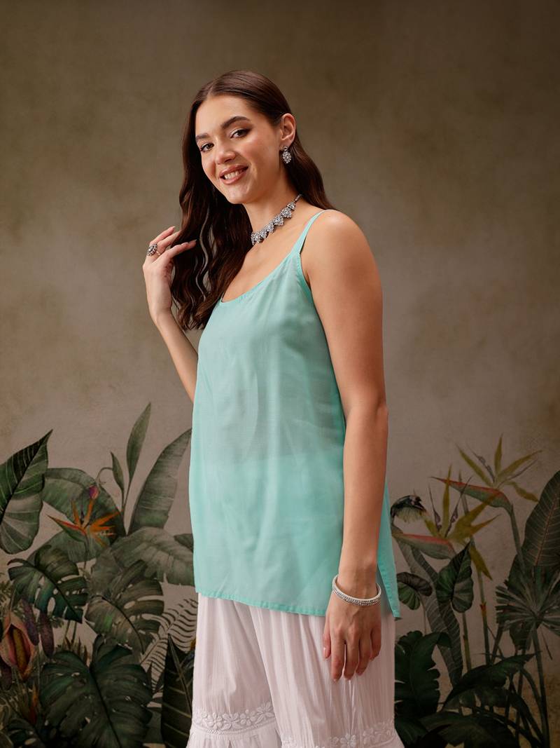 Hand embroidered bandhani printed turquoise kota lucknowi chikankari short kurti with slip