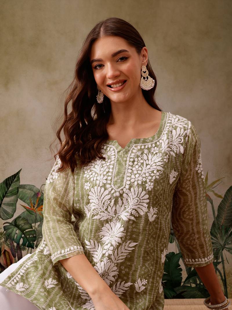 Hand embroidered bandhani printed olive green kota lucknowi chikankari short kurti with slip