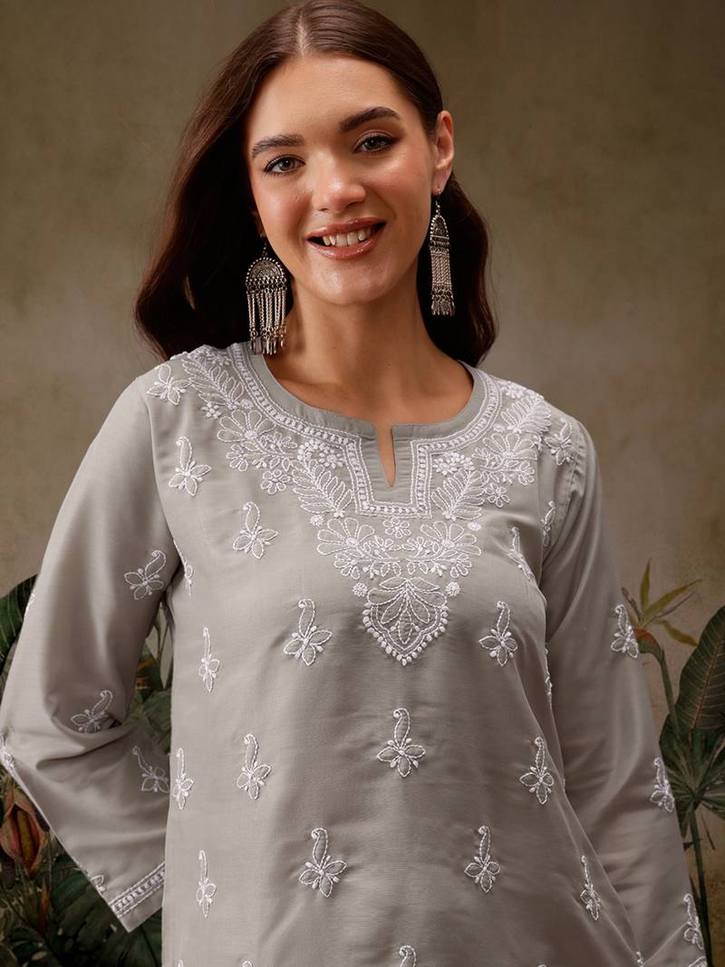 Hand embroidered grey muslin lucknowi chikankari short kurti