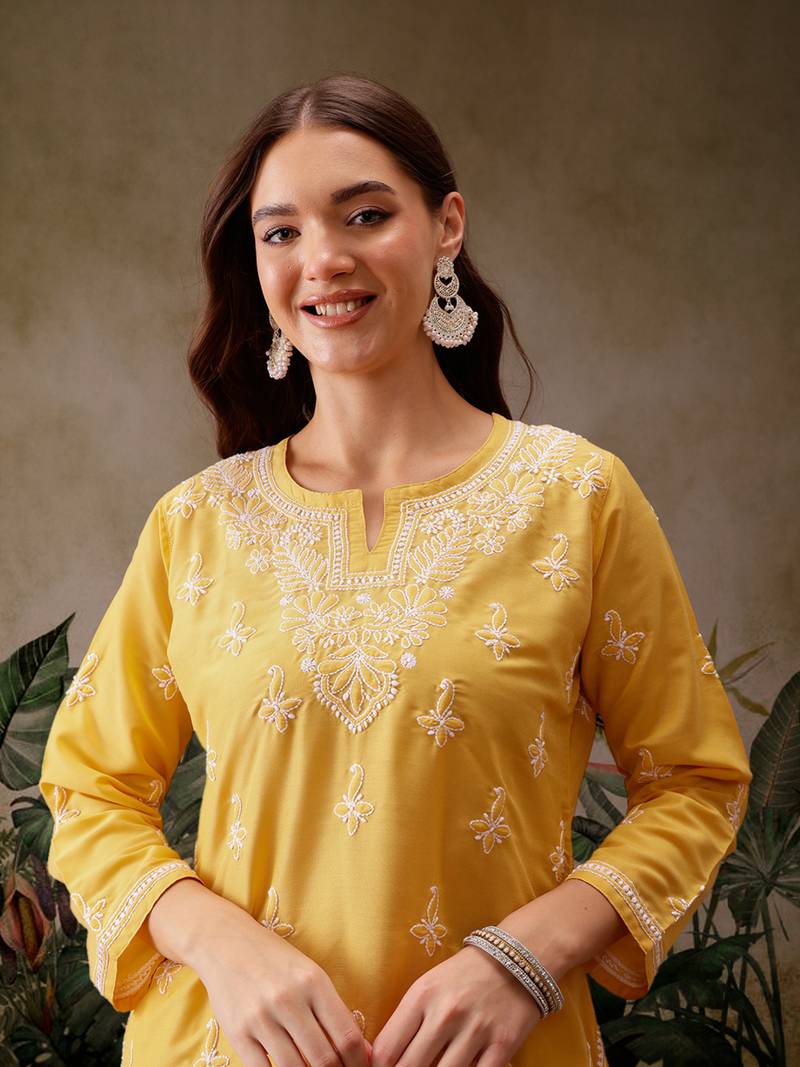 Hand embroidered yellow muslin lucknowi chikankari short kurti