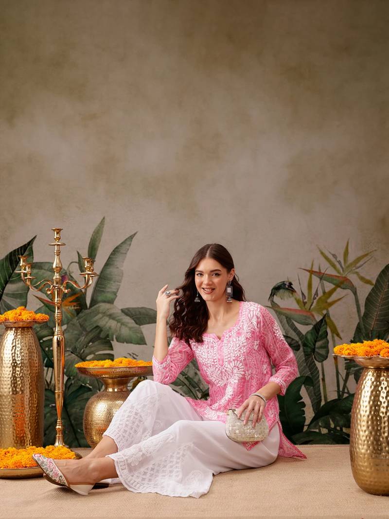 Hand embroidered bandhani printed pink kota lucknowi chikankari short kurti with slip