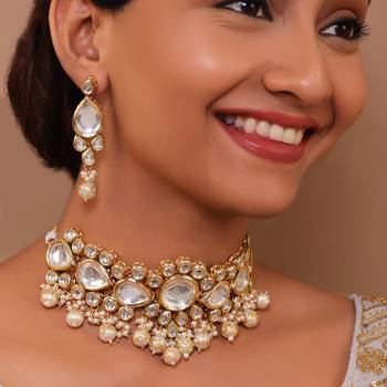 Clustered pearl kundan necklace set with  gold plated uncut polki 1
