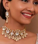 Clustered pearl kundan necklace set with  gold plated uncut polki
