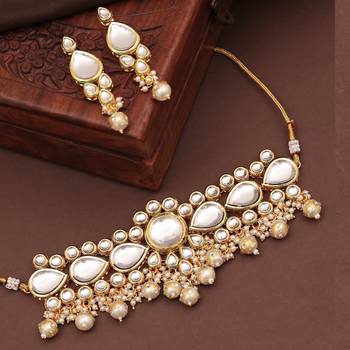 Clustered pearl kundan necklace set with  gold plated uncut polki 3