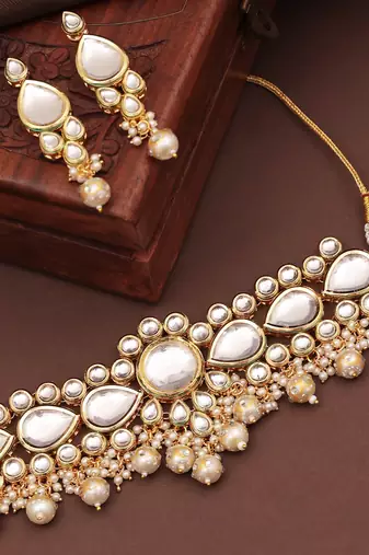 Clustered pearl kundan necklace set with  gold plated uncut polki