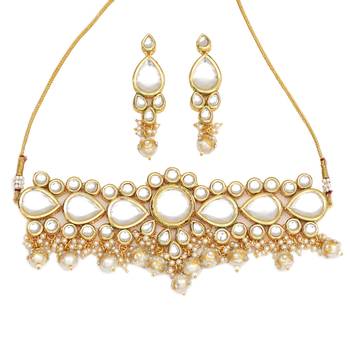 Clustered pearl kundan necklace set with  gold plated uncut polki 4