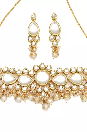 Clustered pearl kundan necklace set with  gold plated uncut polki