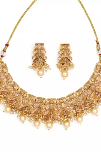 Antique gold plated pearl choker necklace set embellished with stones