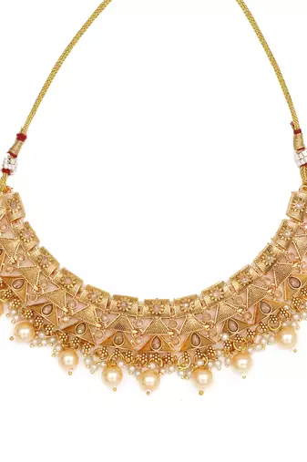Antique gold plated pearl choker necklace set embellished with stones