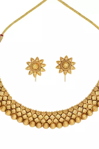 Artisan crafted antique gold necklace set with floral tops
