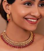 Exquisite gold plated necklace set with intricate red teardrop accents matching earrings