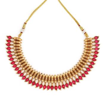 Exquisite gold plated necklace set with intricate red teardrop accents matching earrings 5