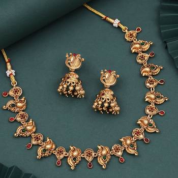 Peacock themed delicate gold-plated necklace set with jhumka earrings 3