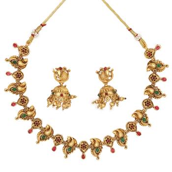 Peacock themed delicate gold-plated necklace set with jhumka earrings 4