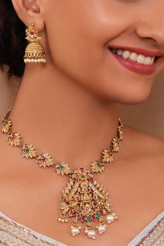 Traditional lakshmi pendant necklace set with pearl jhumka's