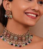 Elegant multicolor mehendi finish kundan choker necklace set with maang tikka