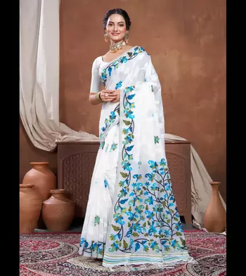 White & Blue cotton jamdani saree 1