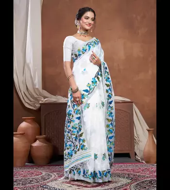 White & Blue cotton jamdani saree 2
