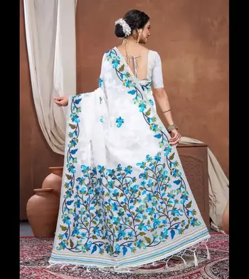 White & Blue cotton jamdani saree 3