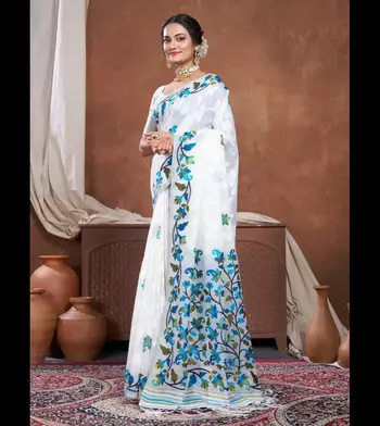 White & Blue cotton jamdani saree 4