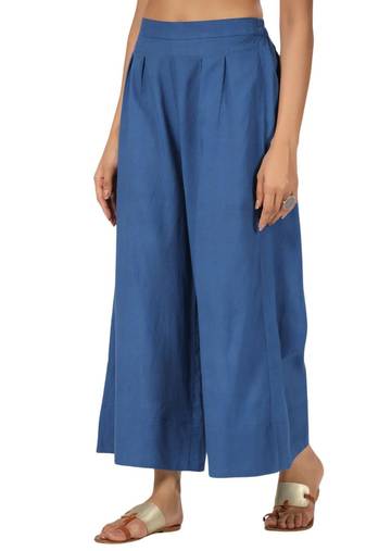 Blue cotton pant elasticated waist regular fit trouser