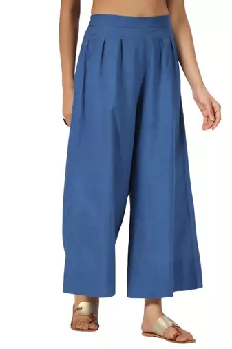 Blue cotton pant elasticated waist regular fit trouser