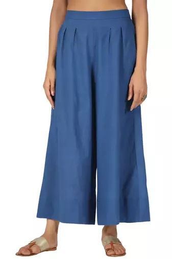 Blue cotton pant elasticated waist regular fit trouser