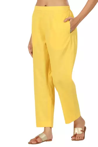 yellow cotton pant elasticated waist regular fit trouser
