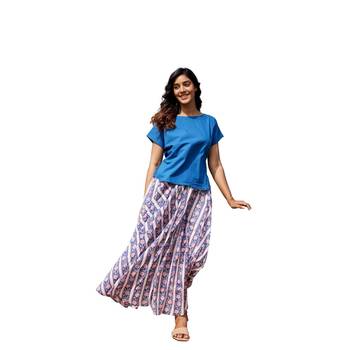Blue printed flared full length long cotton skirt 2