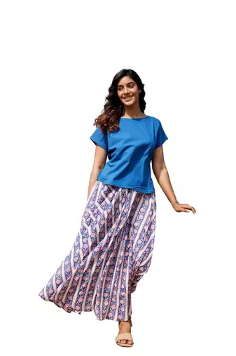 Blue printed flared full length long cotton skirt