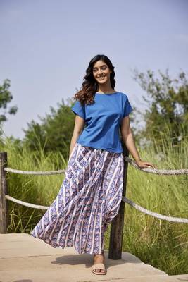Blue printed flared full length long cotton skirt 1