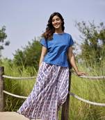 Blue printed flared full length long cotton skirt