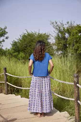 Blue printed flared full length long cotton skirt