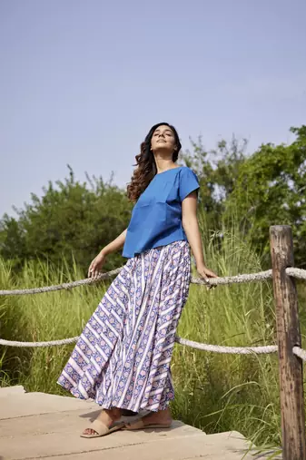 Blue printed flared full length long cotton skirt