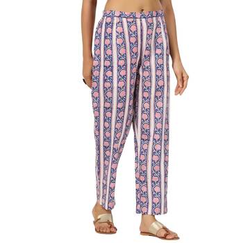 Blue border floral printed cotton pant elastic waist full length trouser 1