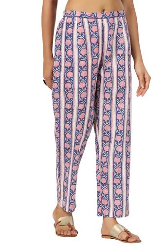 Blue border floral printed cotton pant elastic waist full length trouser