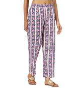 Blue border floral printed cotton pant elastic waist full length trouser