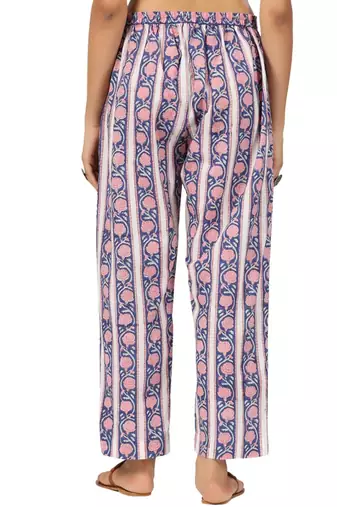 Blue border floral printed cotton pant elastic waist full length trouser
