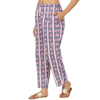 Blue border floral printed cotton pant elastic waist full length trouser 3