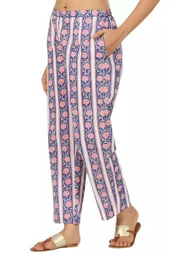 Blue border floral printed cotton pant elastic waist full length trouser