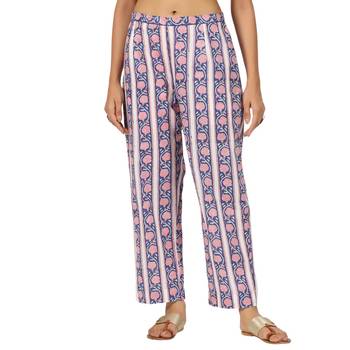 Blue border floral printed cotton pant elastic waist full length trouser 4