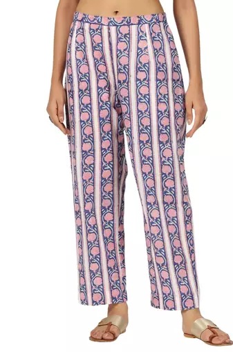 Blue border floral printed cotton pant elastic waist full length trouser