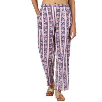 Blue border floral printed cotton pant elastic waist full length trouser 5