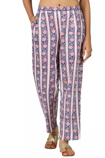 Blue border floral printed cotton pant elastic waist full length trouser