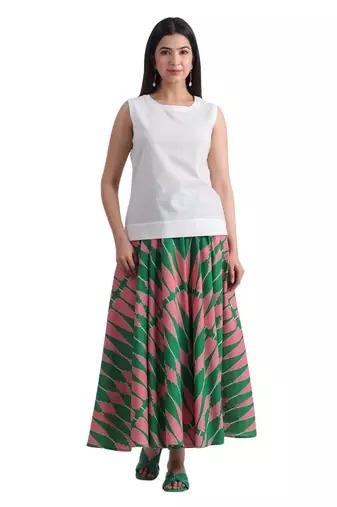 Printed flared full length long cotton skirt