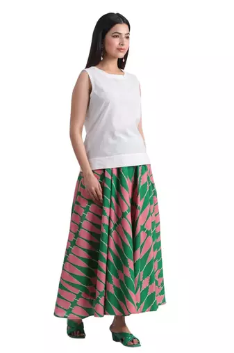 Printed flared full length long cotton skirt