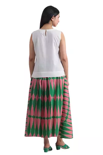 Printed flared full length long cotton skirt