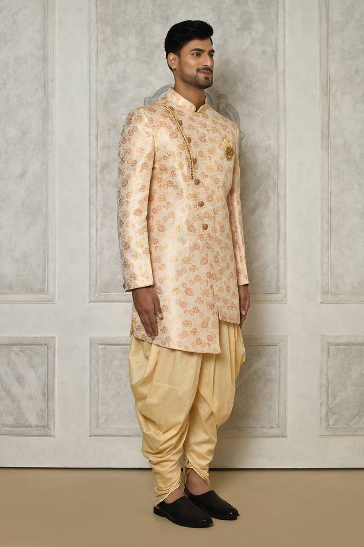 Multi Color Jaquared Woven Floral Sherwani With PATIYALA & Dhoti Pant