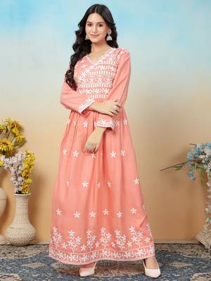 women's peach heavy rayon chikankari gown pant set | lucknowi embroidery | festive & casual ethnic wear 1